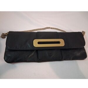 MNG Mango Accessories Black Cow Leather Clutch Gold Chain Evening Bag Handbag